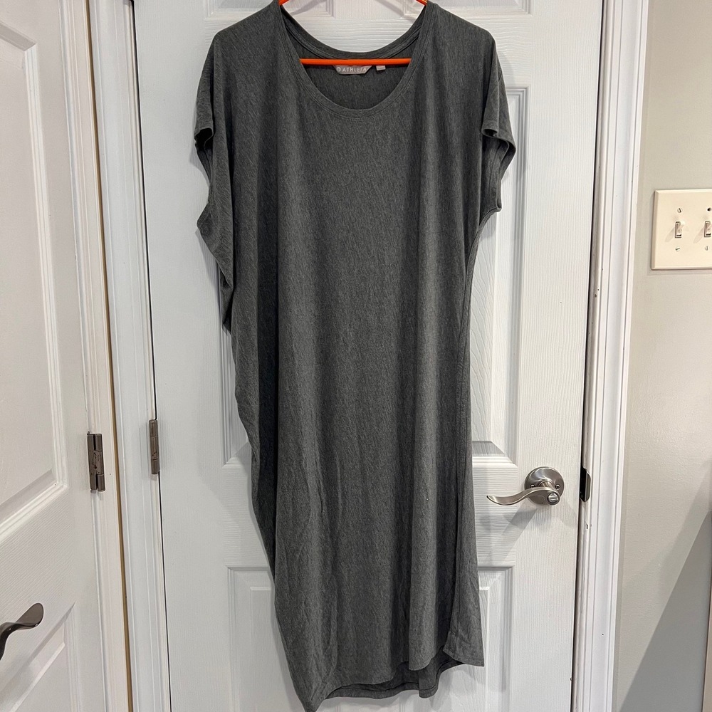Athleta Gray Asymmetrical Draped Midi Dress Dolman Sleeve Womens Large L Heather
